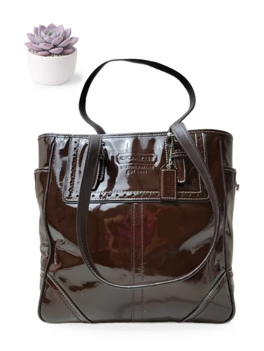 Coach Hamptons Patent Leather Lunch Tote Mahogany Brown Silver Hardware F11519